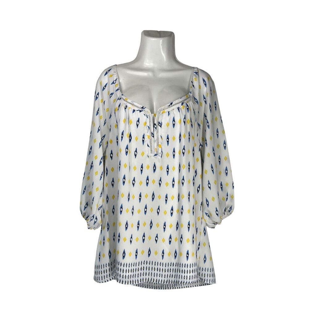CATO Women Blouse XL White Blue Yellow Ikat Geometric Tunic 3/4 Sleeve